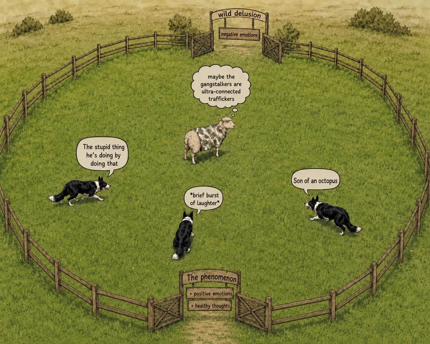 Border collies herding a flock, like a guided stream of thoughts