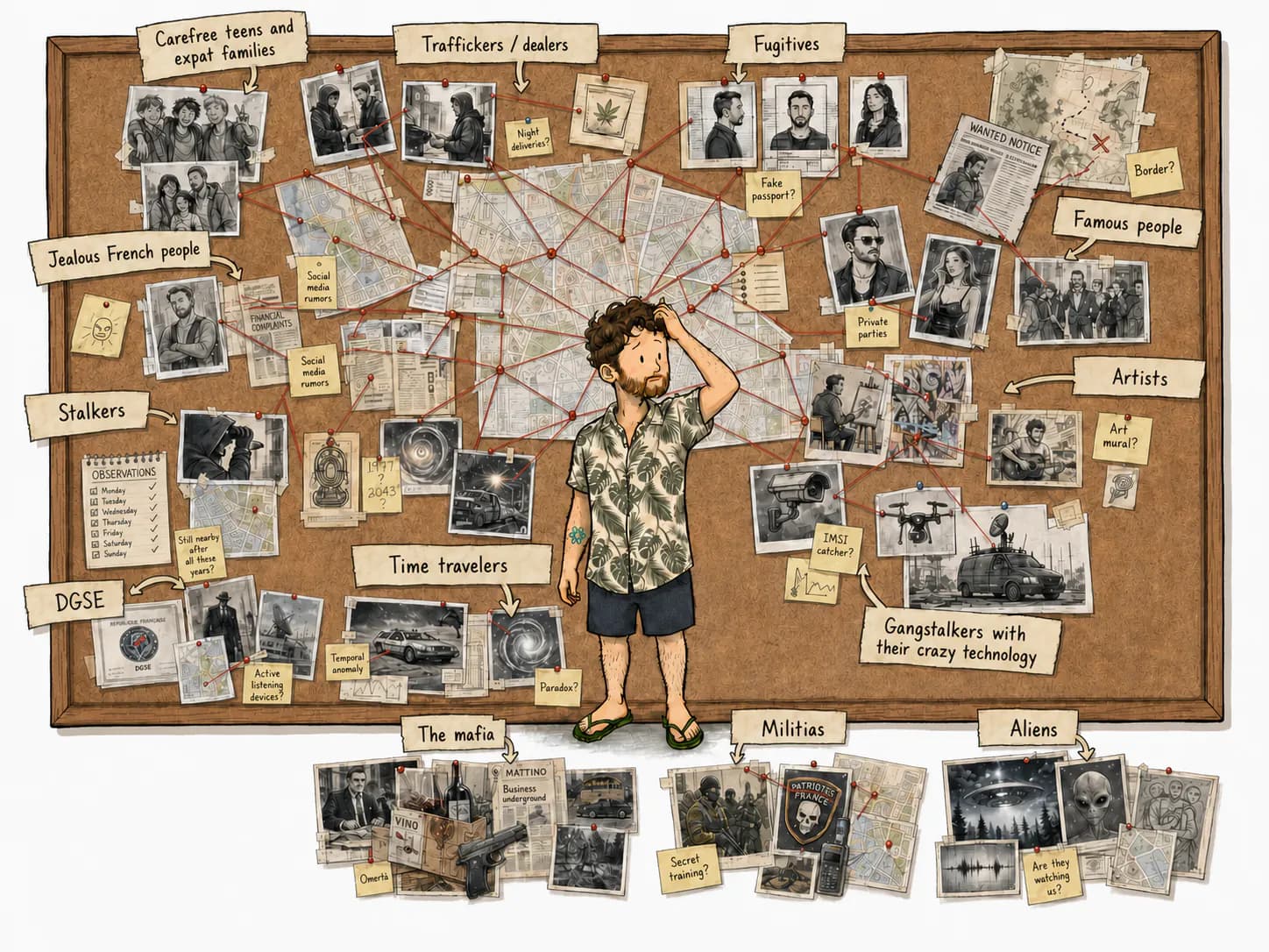 Investigation board with red strings linking the clues