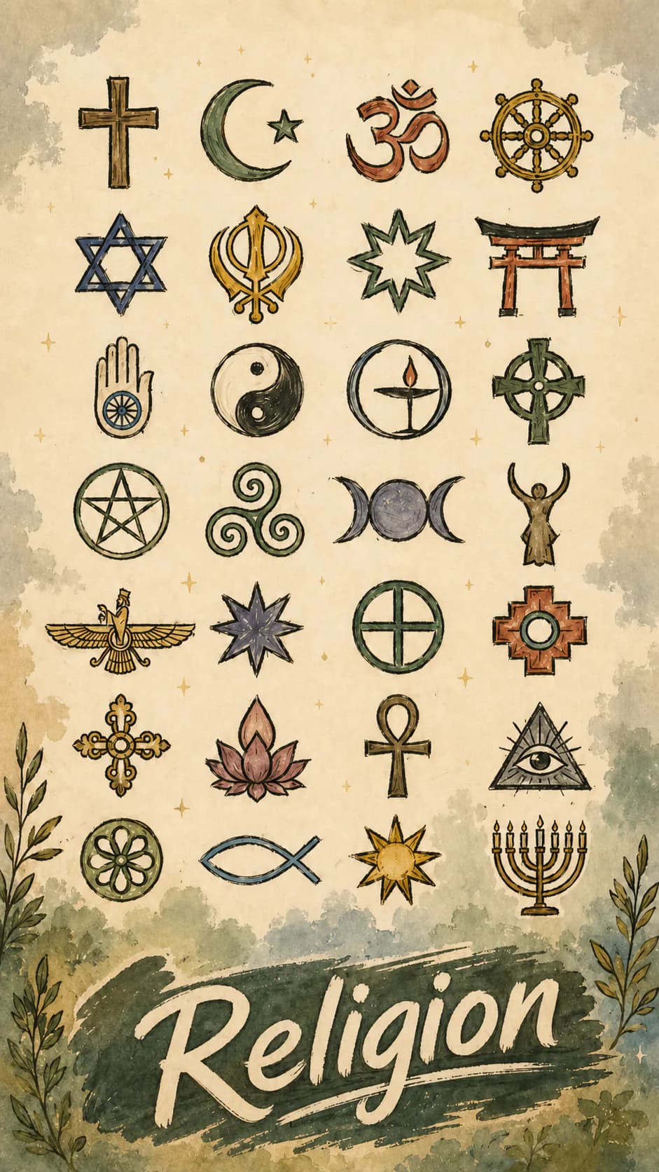 A watercolor board of religious symbols from around the world, titled « La religion »