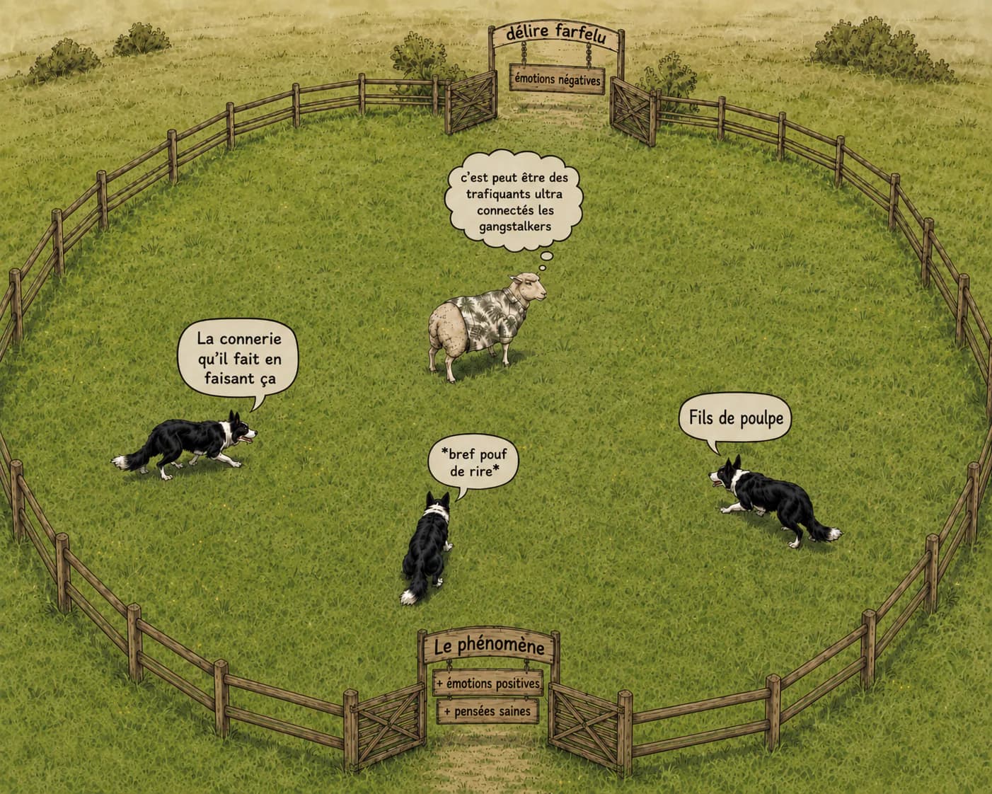 Des border collies rassemblant un troupeau, comme un flux de pensées guidé