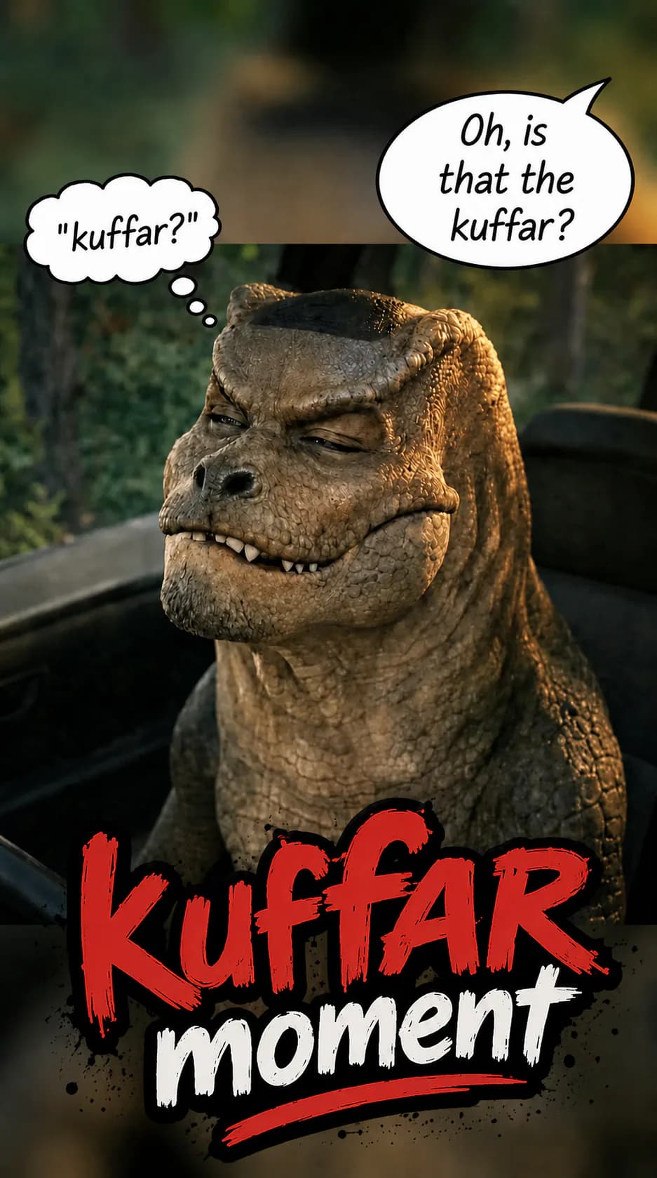 A mocking dinosaur sitting in a car saying « Ah c'est le kuffar ? ».