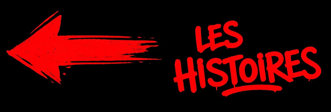 Une flèche rouge peinte pointant vers la gauche, avec le mot « Les histoires ».