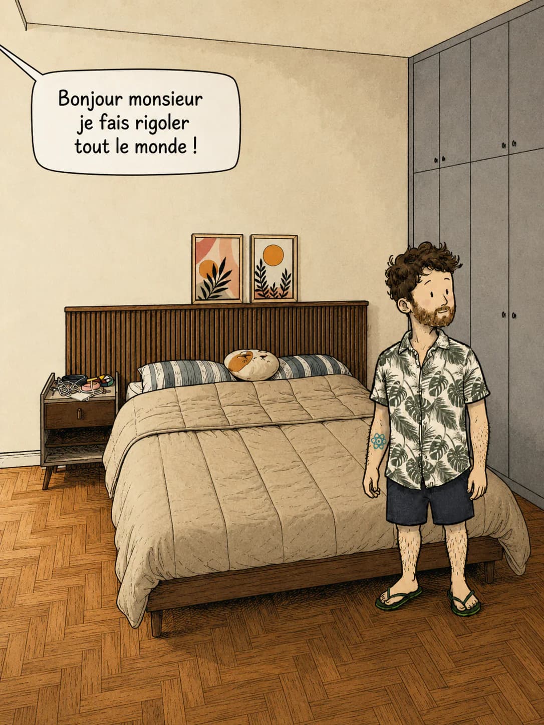 Un homme debout dans sa chambre qui lance « Bonjour monsieur je fais rigoler tout le monde ! ».