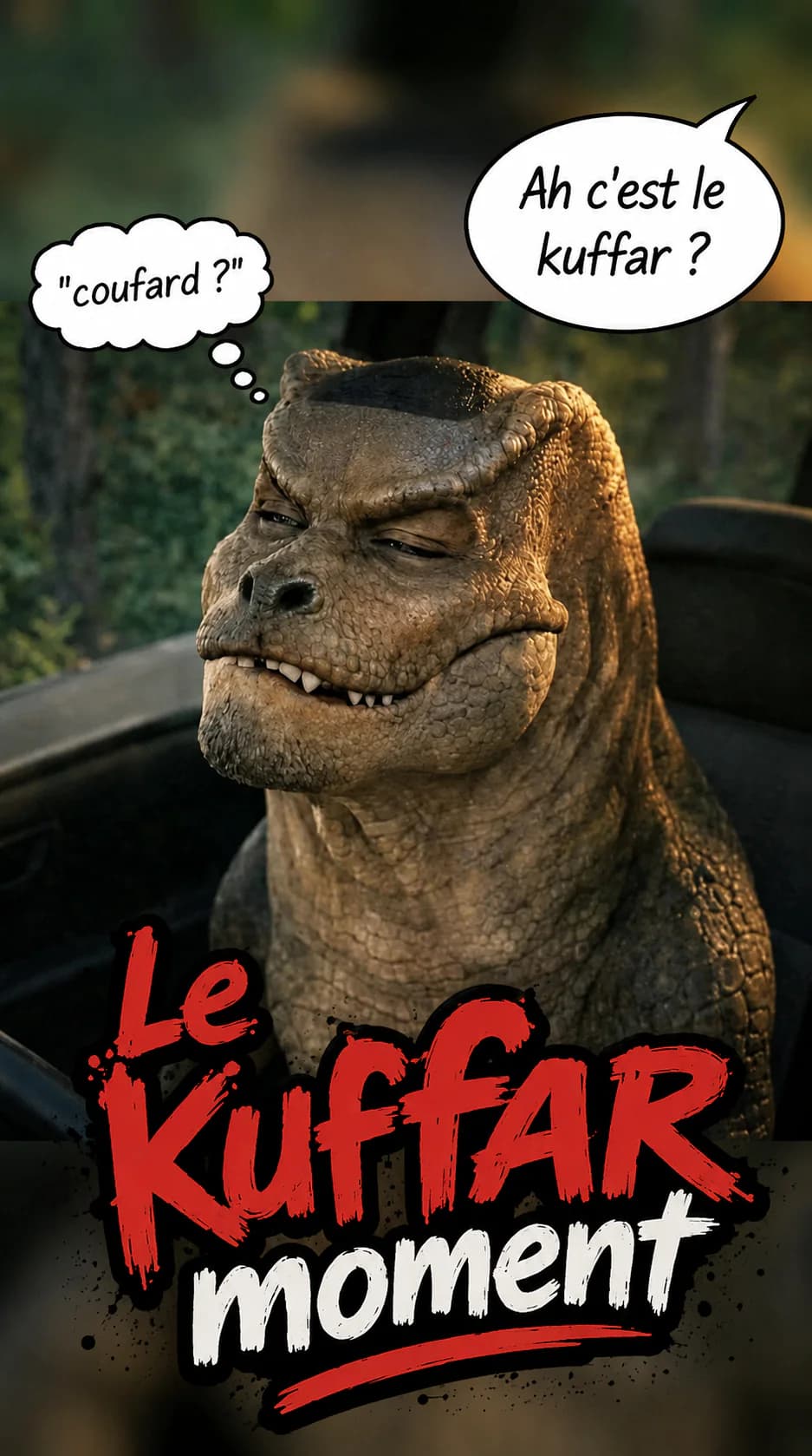 Un dinosaure narquois assis dans une voiture qui lance « Ah c'est le kuffar ? ».