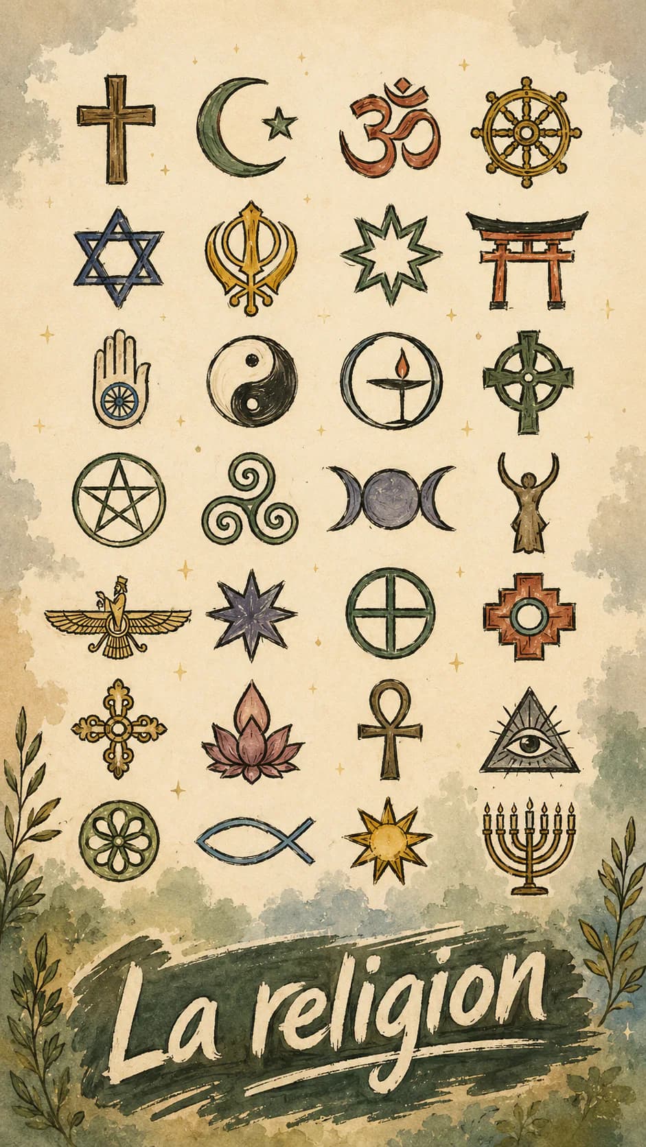 Une planche de symboles religieux du monde entier dessinés à l'aquarelle.